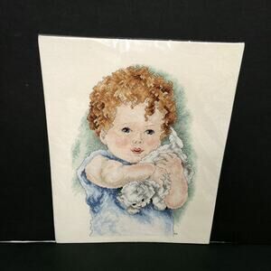 Handmade Completed Cross Stitch Child Holding Kitten Cat Nursery Wall Art